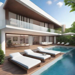 A terraced, two-story beach view villa with a land area of 100m2. Each floor has a 60m2 living area. Features include a second-floor pool and carport, a balcony, and a relaxing rooftop lounge.