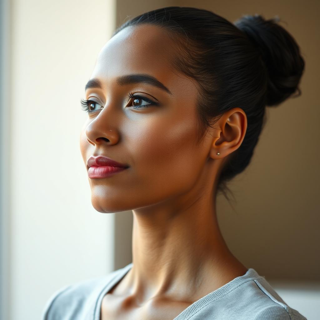 A focus on a confident and strong posture, featuring a person with excellent alignment of their neck and head, standing straight