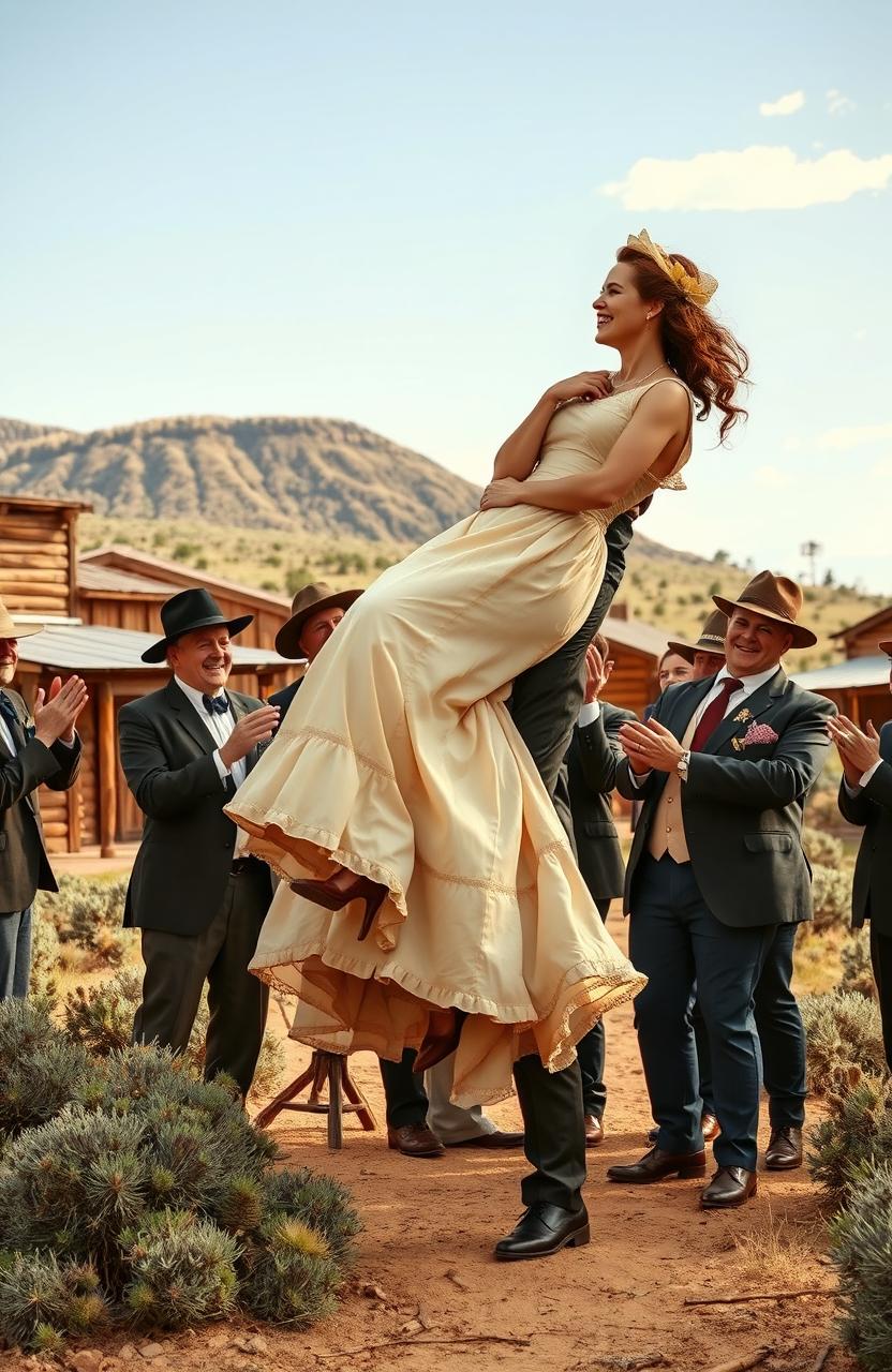 A scene depicting a group of 1800s Texas lawmakers celebrating, with one of them joyfully lifting his bride into the air in a romantic gesture