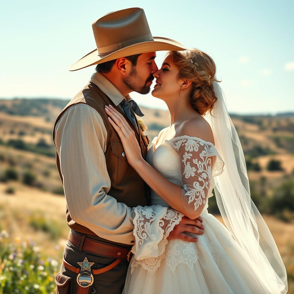 An intimate scene depicting a 1800s Texas lawman passionately kissing his bride