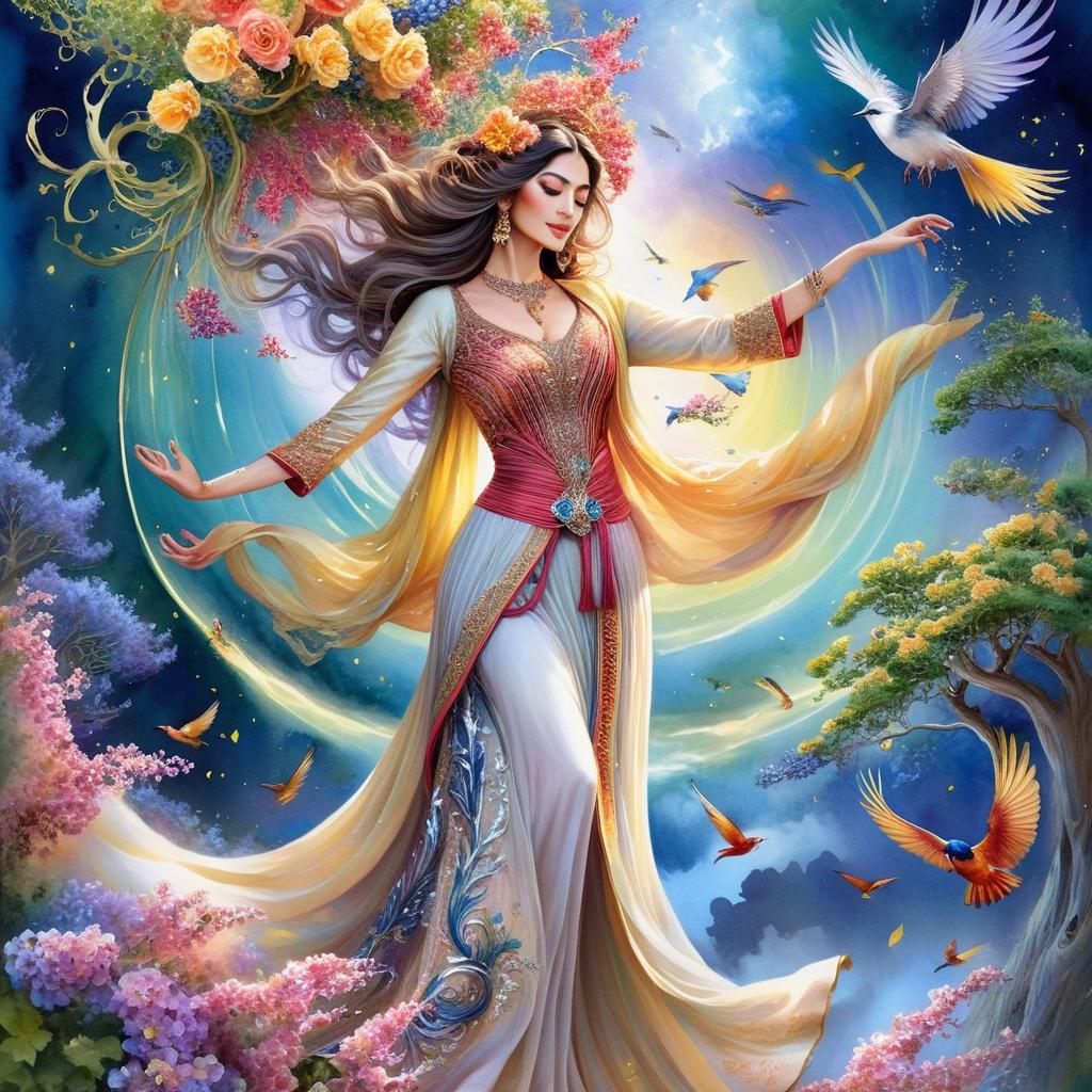 Mystical and spiritual watercolor painting of a beautiful Iranian woman in traditional dress suspended in the air in a swirl of multi-colored flowers, a maze of asymmetrical bonsai trees, a whirlwind of beautiful birds, and a forest of grapevines in a spectrum of green, yellow, and blue