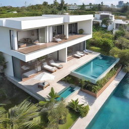 A terraced, two-story beach view villa with a land area of 100m2. Each floor has a 60m2 living area. Features include a second-floor pool and carport, a balcony, and a relaxing rooftop lounge.