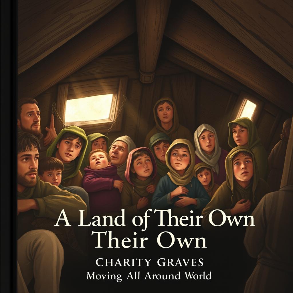 An illustrated book cover depicting 19th-century Irish immigrants inside a dimly lit wooden ship