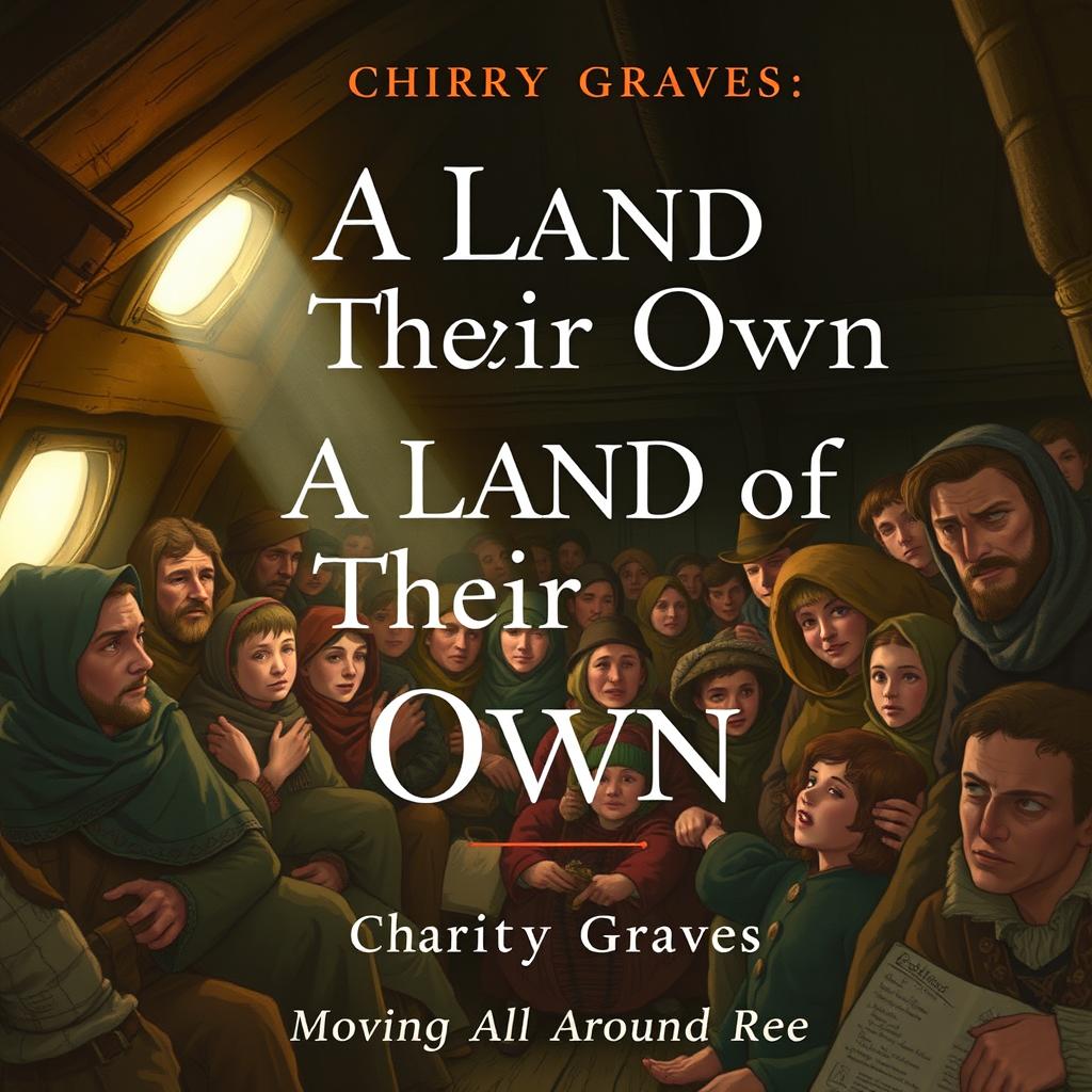 An illustrated book cover depicting 19th-century Irish immigrants inside a dimly lit wooden ship