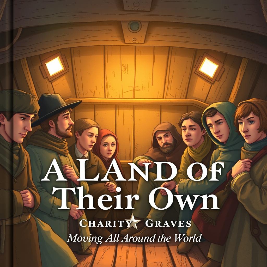 An illustrated book cover depicting 19th-century Irish immigrants inside a dimly lit wooden ship