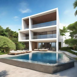 A terraced, two-story beach view villa with a land area of 100m2. Each floor has a 60m2 living area. Features include a second-floor pool and carport, a balcony, and a relaxing rooftop lounge.