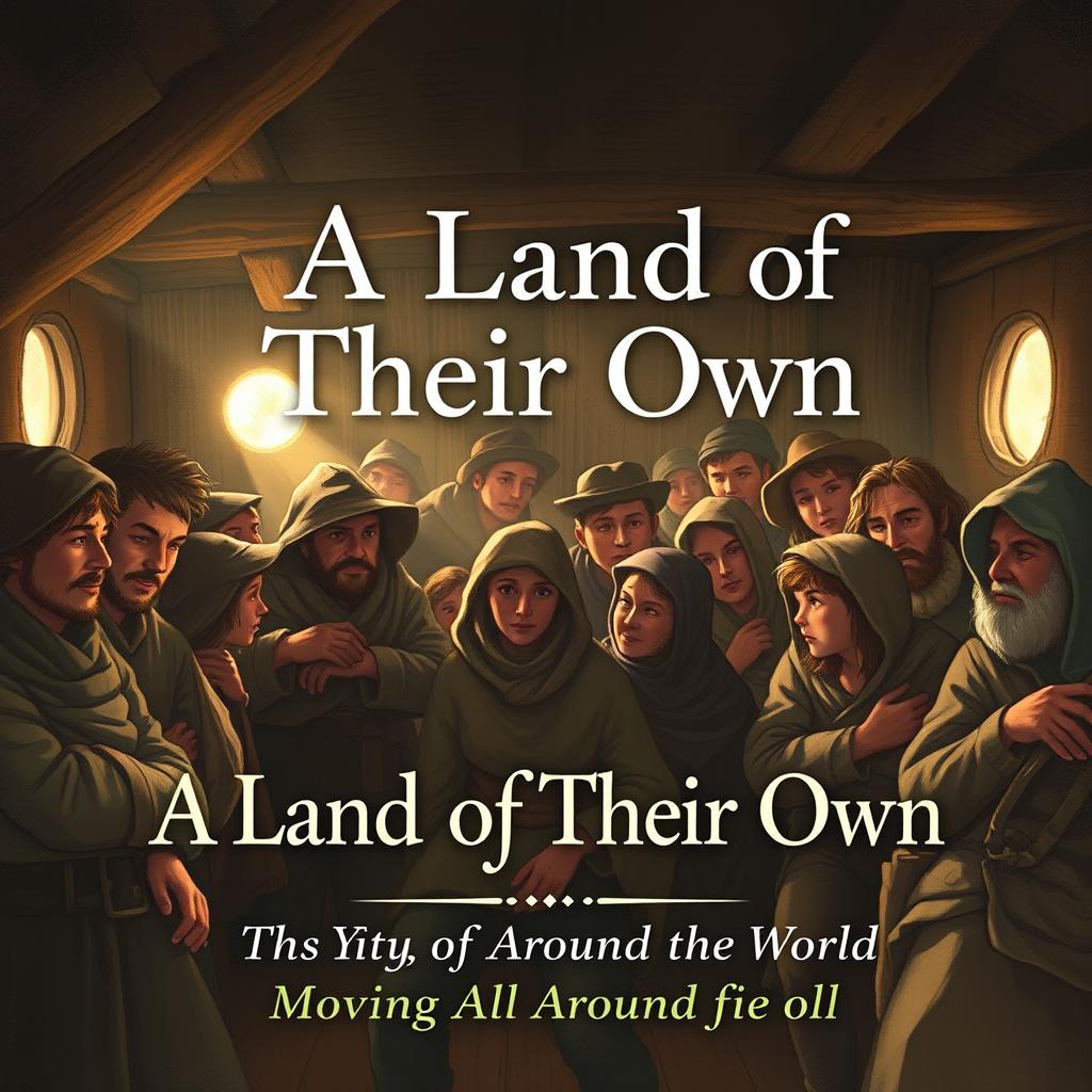 An illustrated book cover depicting 19th-century Irish immigrants inside a dimly lit wooden ship