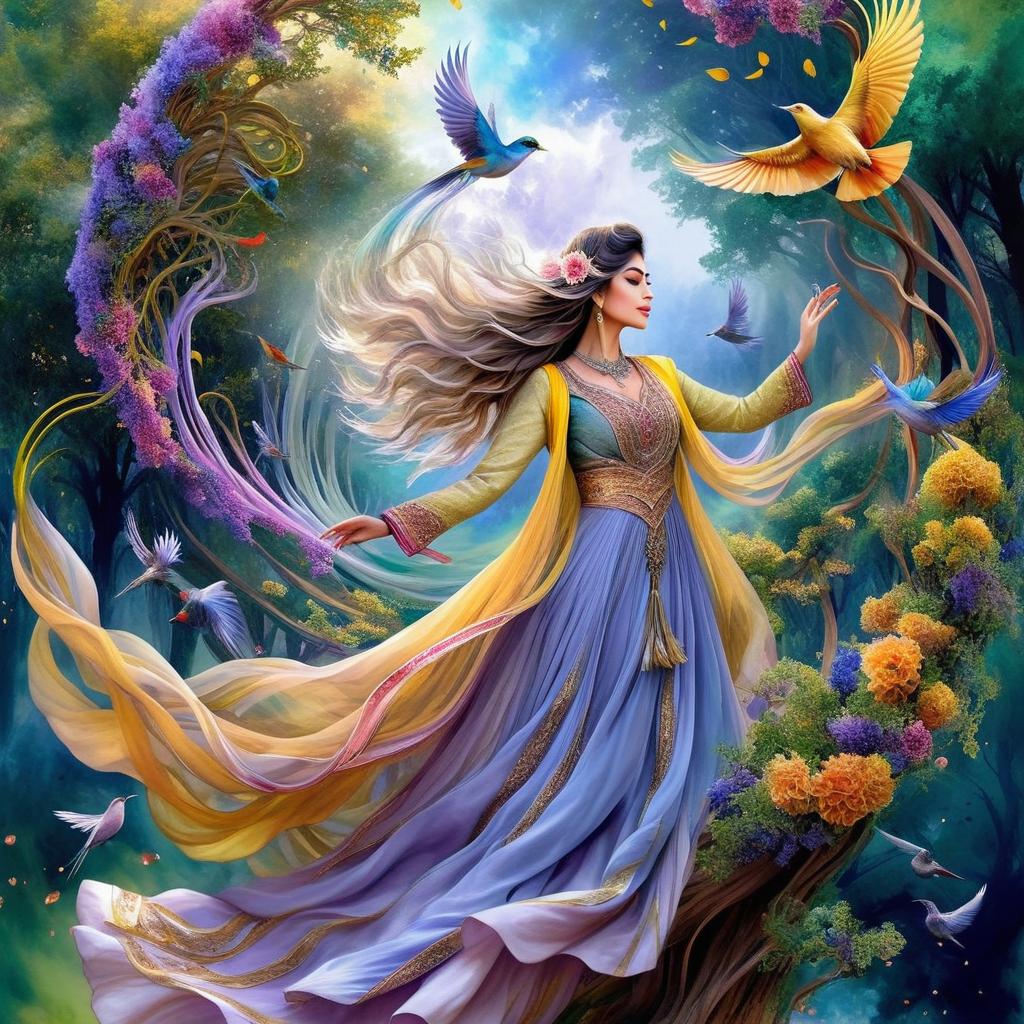 Mystical and spiritual watercolor painting of a beautiful Iranian woman in traditional dress suspended in the air in a swirl of multi-colored flowers, a maze of asymmetrical bonsai trees, a whirlwind of beautiful birds, and a forest of grapevines in a spectrum of green, yellow, and blue
