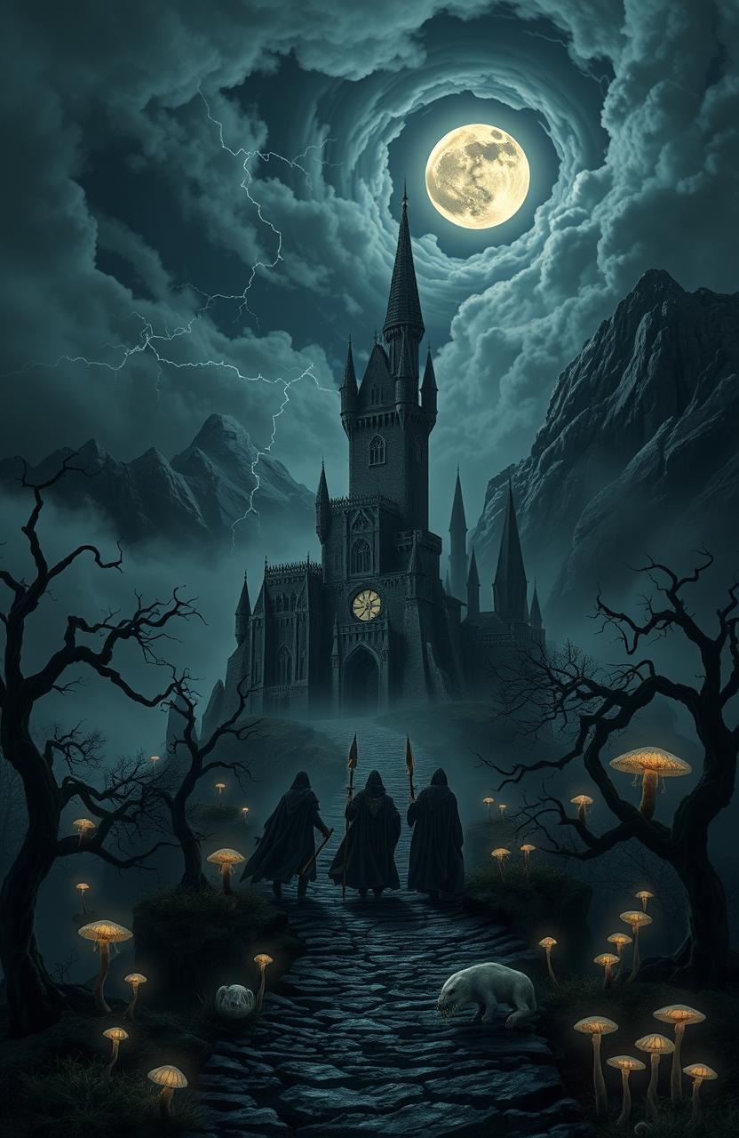 A majestic and eerie dark fantasy scene featuring a towering ancient castle surrounded by misty forests and ominous mountains