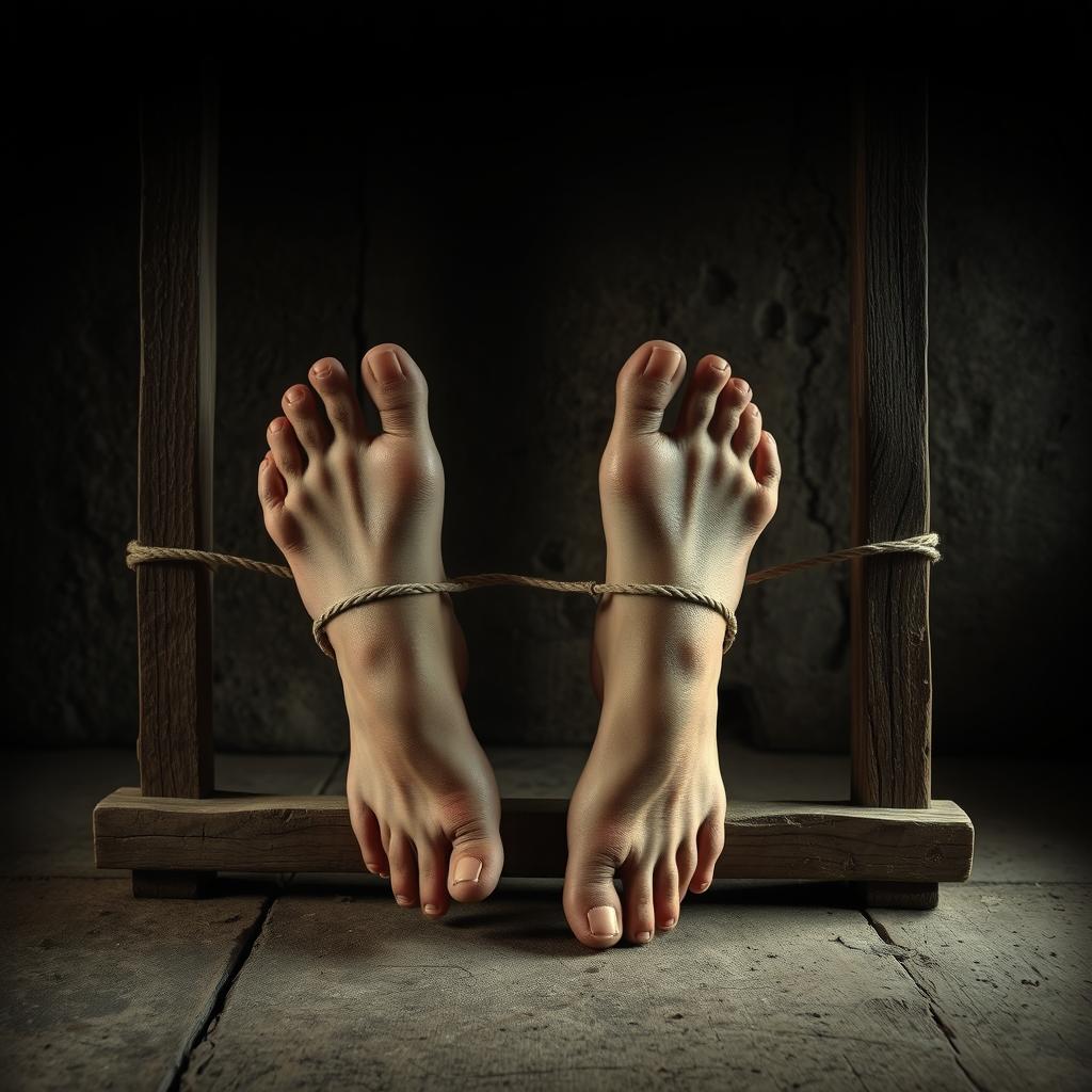 A dramatic scene depicting the traditional practice of bastinado, showcasing a pair of feet tied to a wooden frame with a textured, rustic background