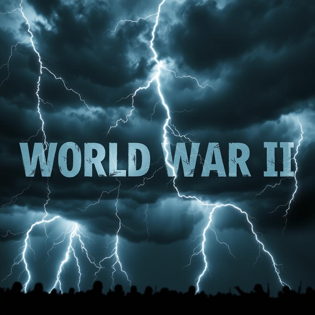A dramatic scene showing the text 'World War II' written across a stormy sky filled with lightning strikes