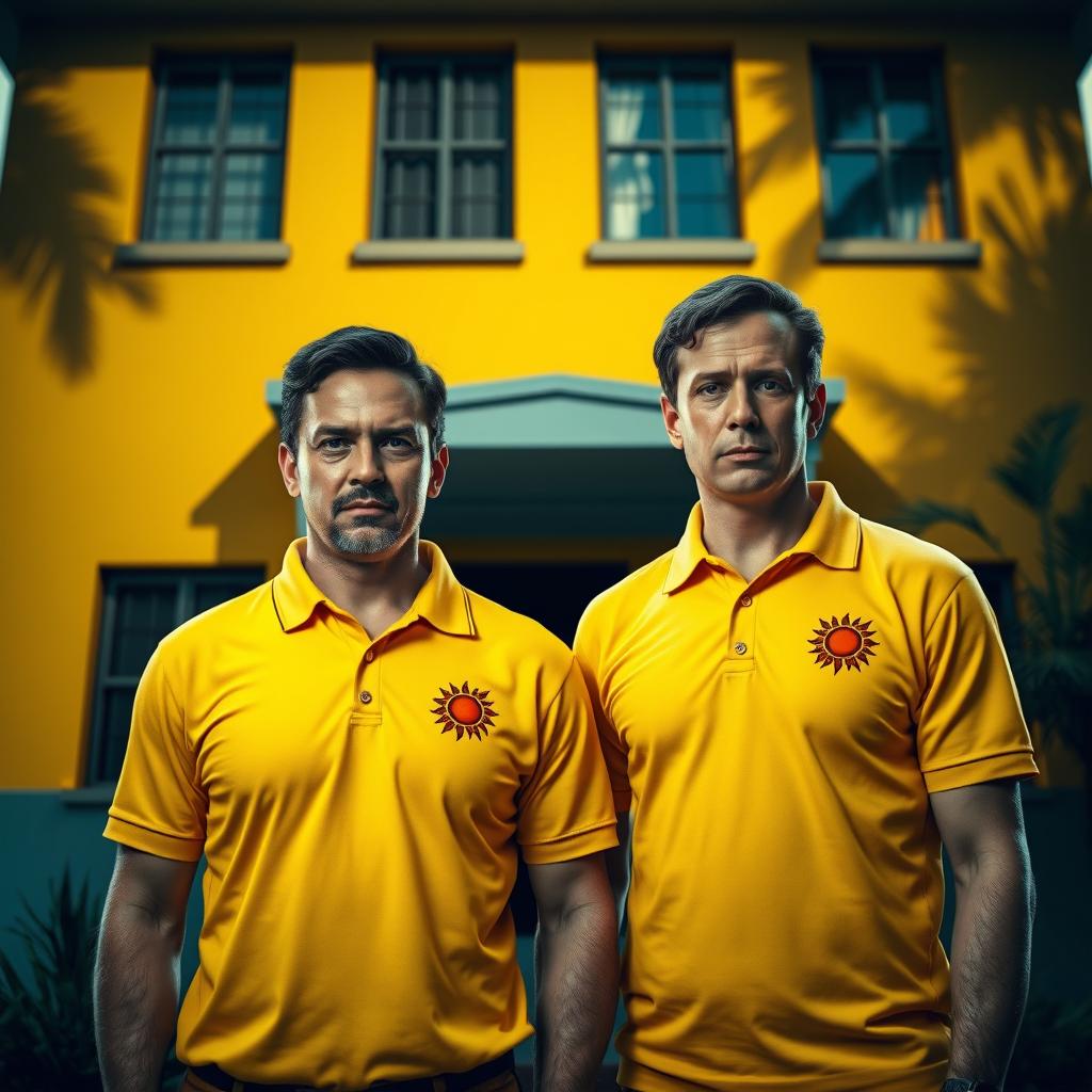 A hyper-realistic image of two men standing confidently in yellow polo shirts, each emblazoned with sun logos