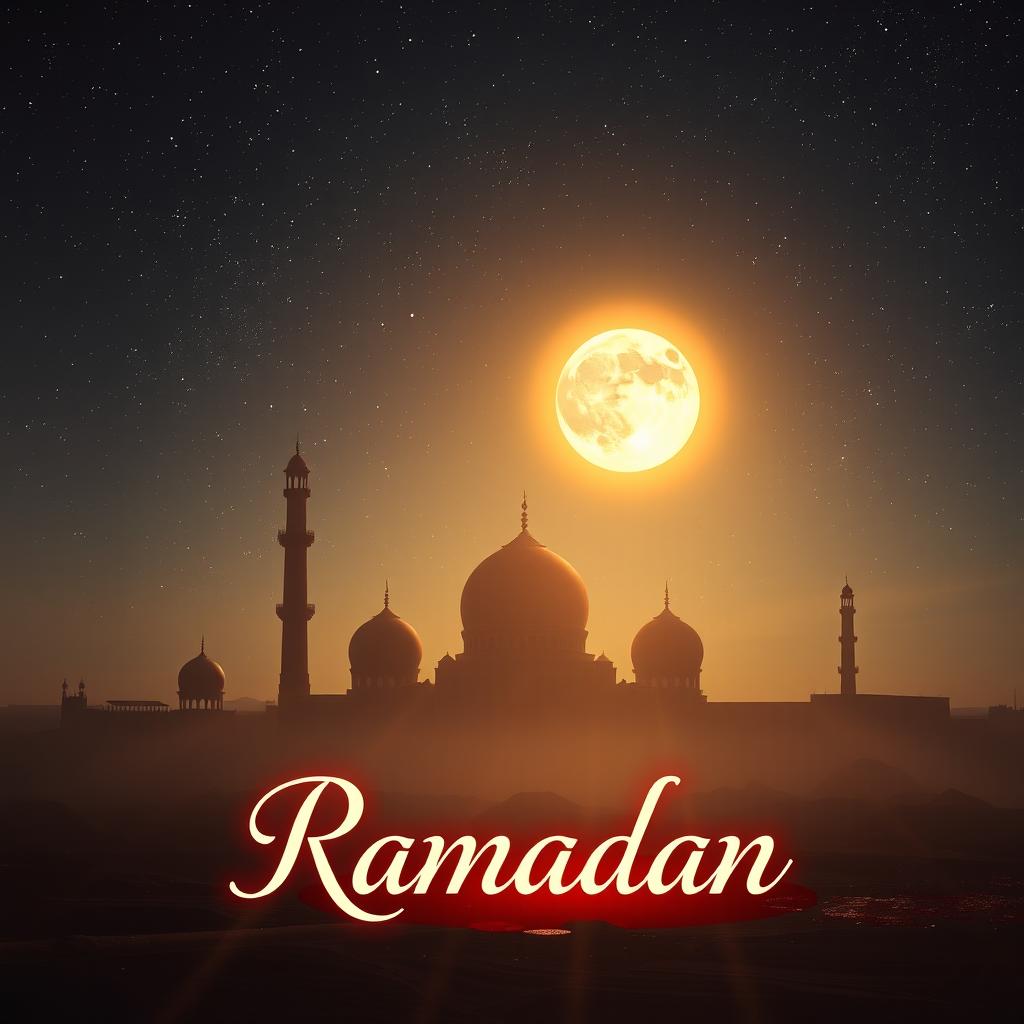 A fantasy realistic image depicting a large, golden moon shining brightly in a starry sky