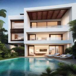 Two-story beach view villa with terraced contours. Each floor contains 60m2 of living space, a bedroom and a bathroom, within a 100m2 plot. Other key features: a pool and carport on second floor, a balcony, along with a serene rooftop relaxation area.