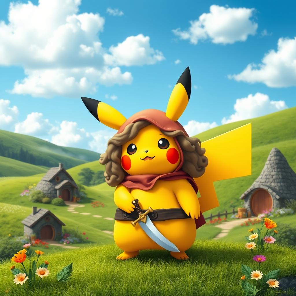 A whimsical crossover of a Pikachu character dressed as a Hobbit from the Lord of the Rings, standing in a lush, green Shire landscape