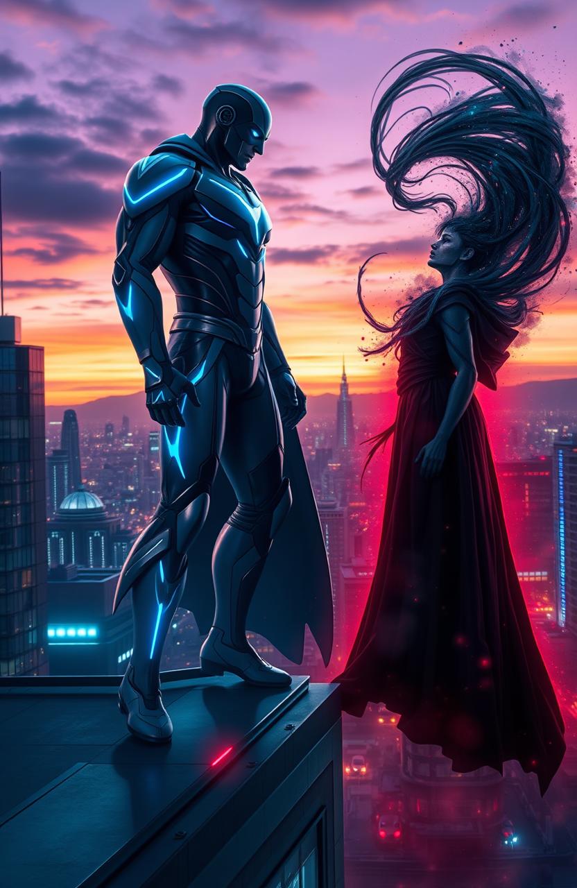 An epic showdown between a superhero and a supervillain, set in a futuristic cityscape at dusk