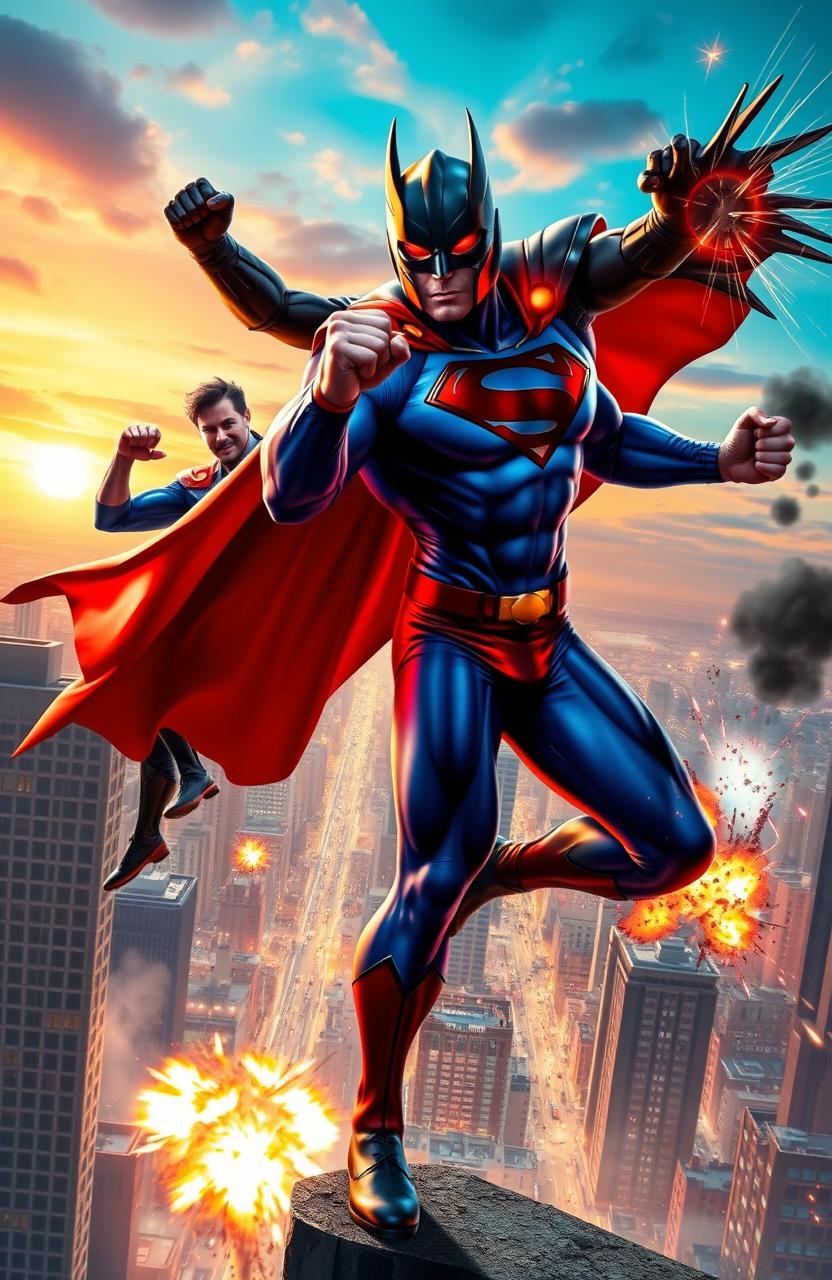 A showdown between a superhero and a supervillain in a dynamic urban setting