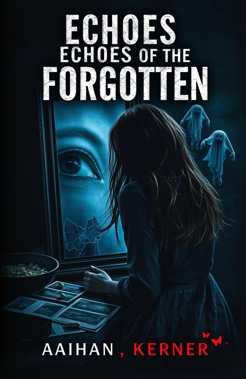 A dark and atmospheric book cover for 'Echoes of the Forgotten', featuring a woman in her 30s with long, tangled hair, gazing into a cracked mirror that reflects shadows of her past