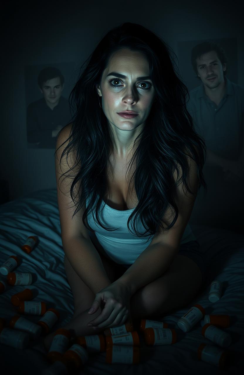 A dramatic and emotional scene depicting a woman in her late 30s with long, flowing dark hair and expressive eyes, sitting alone on a dimly lit bed surrounded by scattered prescription bottles