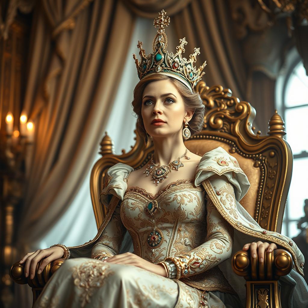 A majestic and regal scene featuring a queen in an opulent palace