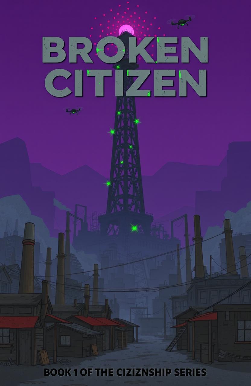 A bleak and industrial scene depicting a cyberpunk environment titled "Broken Citizen"