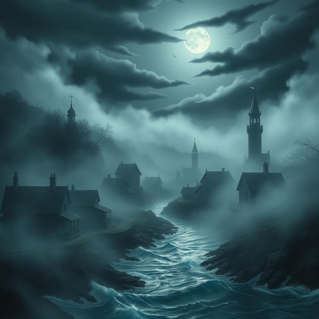 A hauntingly beautiful scene illustrating a mysterious coastal town shrouded in fog