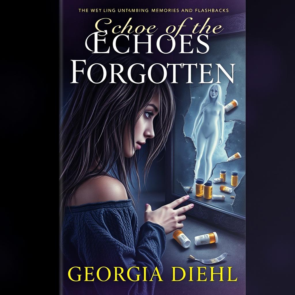 A captivating book cover for 'Echoes of the Forgotten' by Georgia Diehl, featuring a young woman in her mid-20s with disheveled long hair, a haunted look in her eyes as she stares into a fragmented mirror that reflects unsettling memories and flashbacks