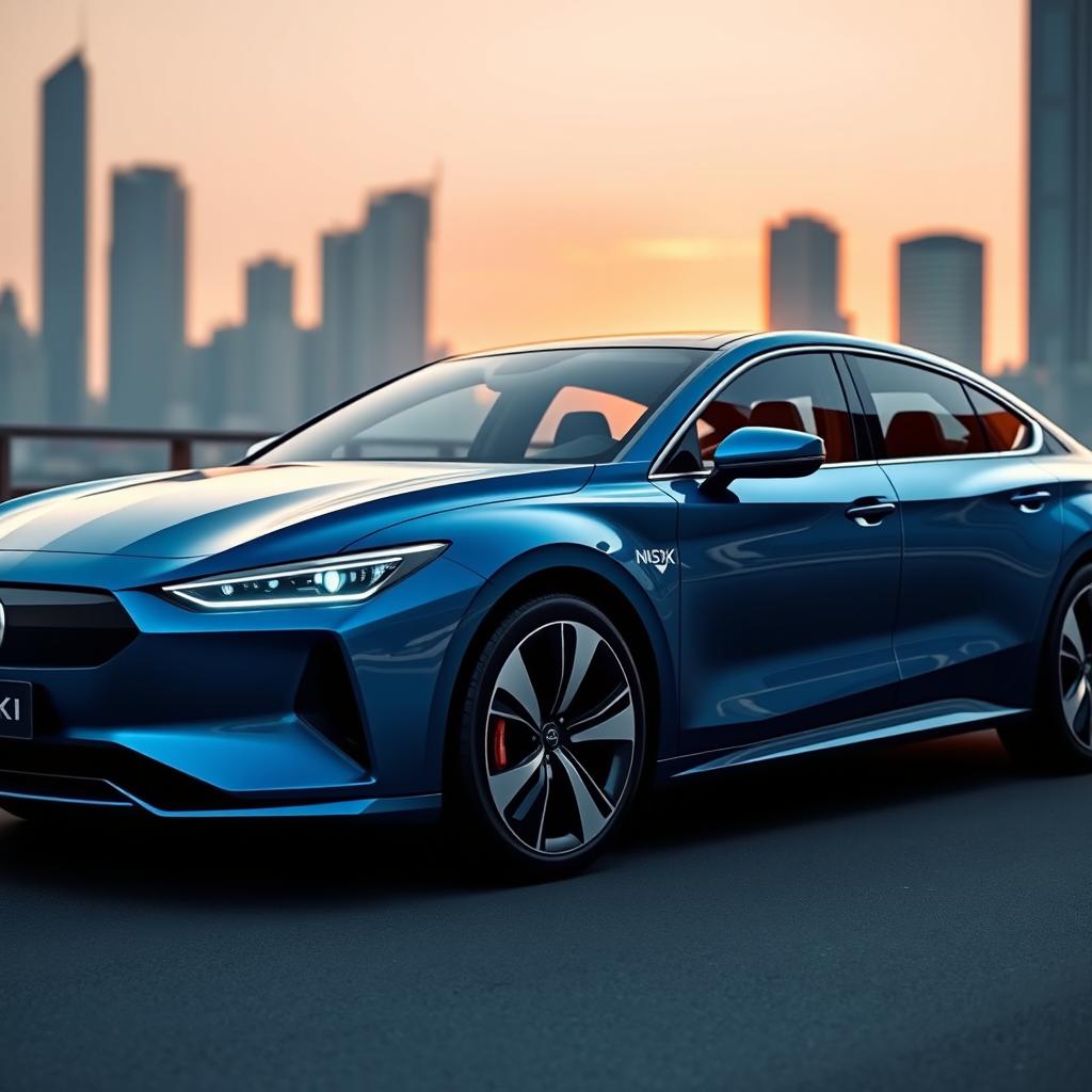 A sleek and modern sedan from the fictional brand 'Natsuki', showcasing a stylish exterior design with smooth curves, a vibrant metallic blue color, and elegant headlights