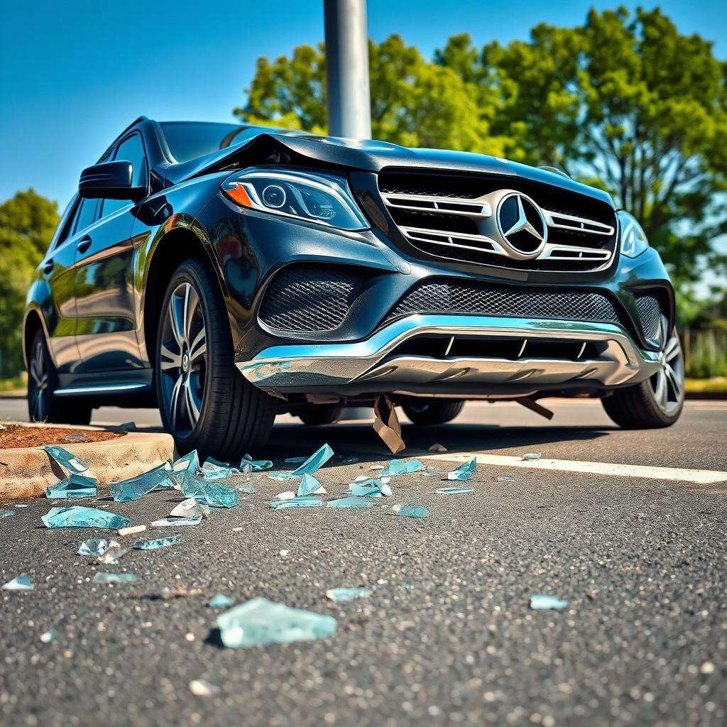 A scene depicting a black Mercedes SUV that has collided with a pole on the side of the road