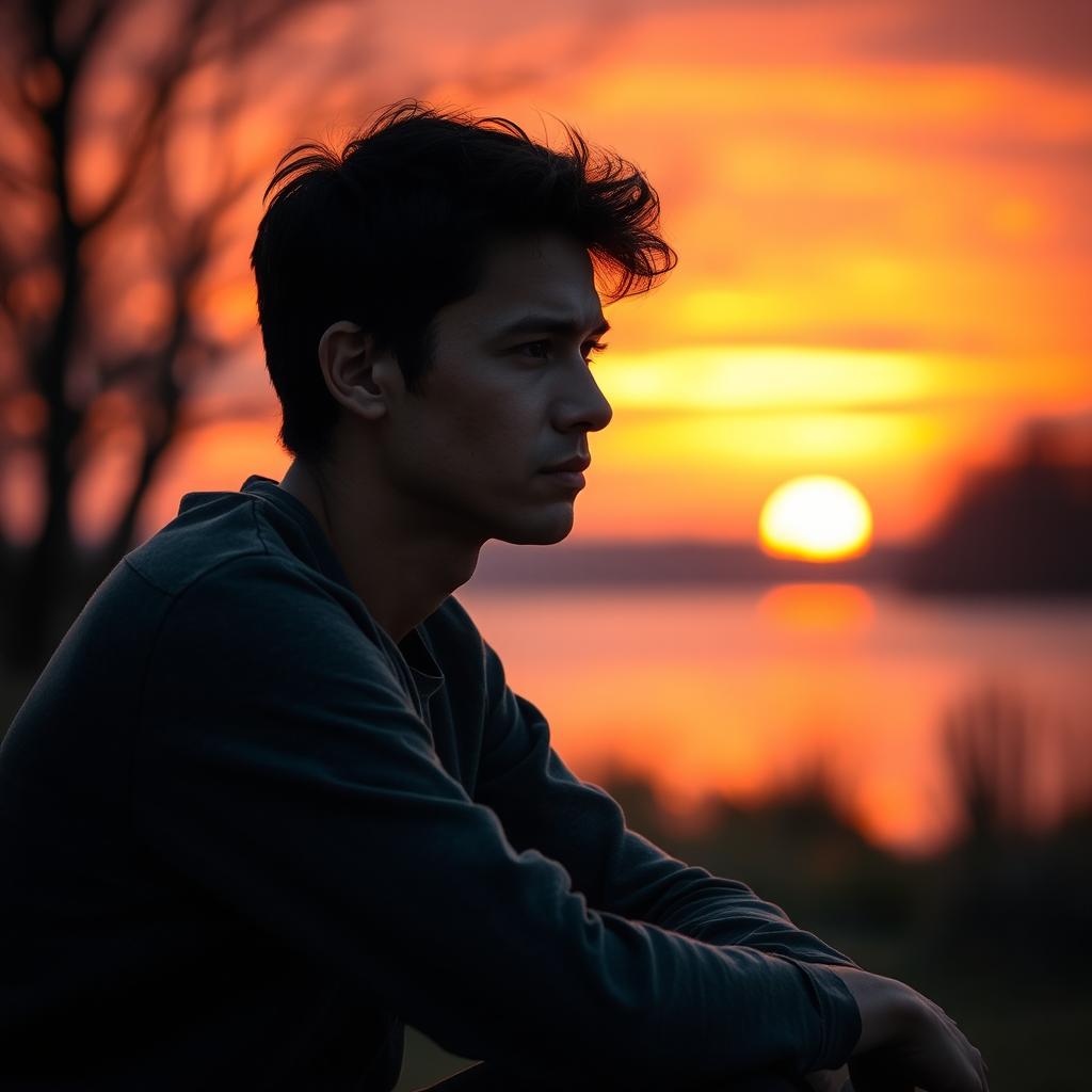 A contemplative scene featuring a thoughtful individual sitting quietly, gazing out at a beautiful sunset