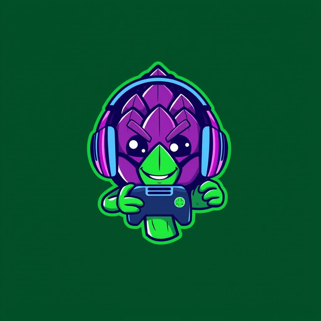 A logo design featuring a stylized, cartoonish artichoke character with gaming elements