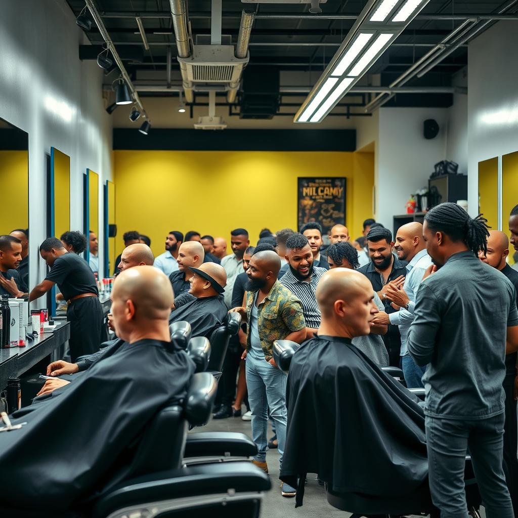 A vibrant scene inside a modern barbershop featuring a group of diverse individuals with shaved heads (bald)