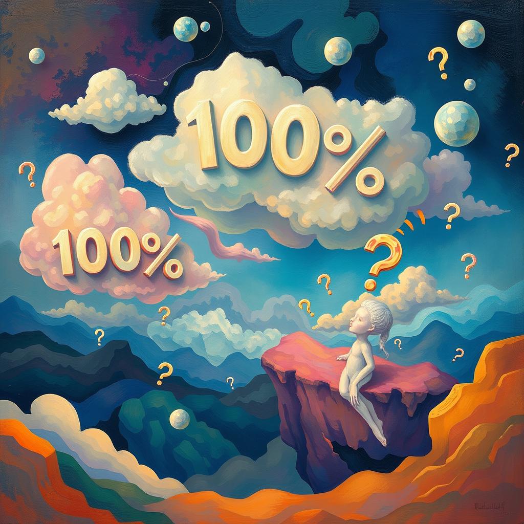 In a surreal and abstract landscape, symbols representing various concepts float in the air, illustrating the idea that nothing in our world is absolute