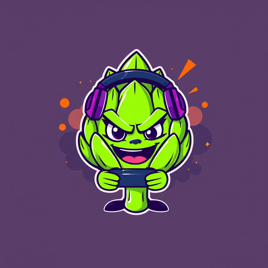 A vibrant and cool logo featuring a confident gamer artichoke character with a playful and modern design