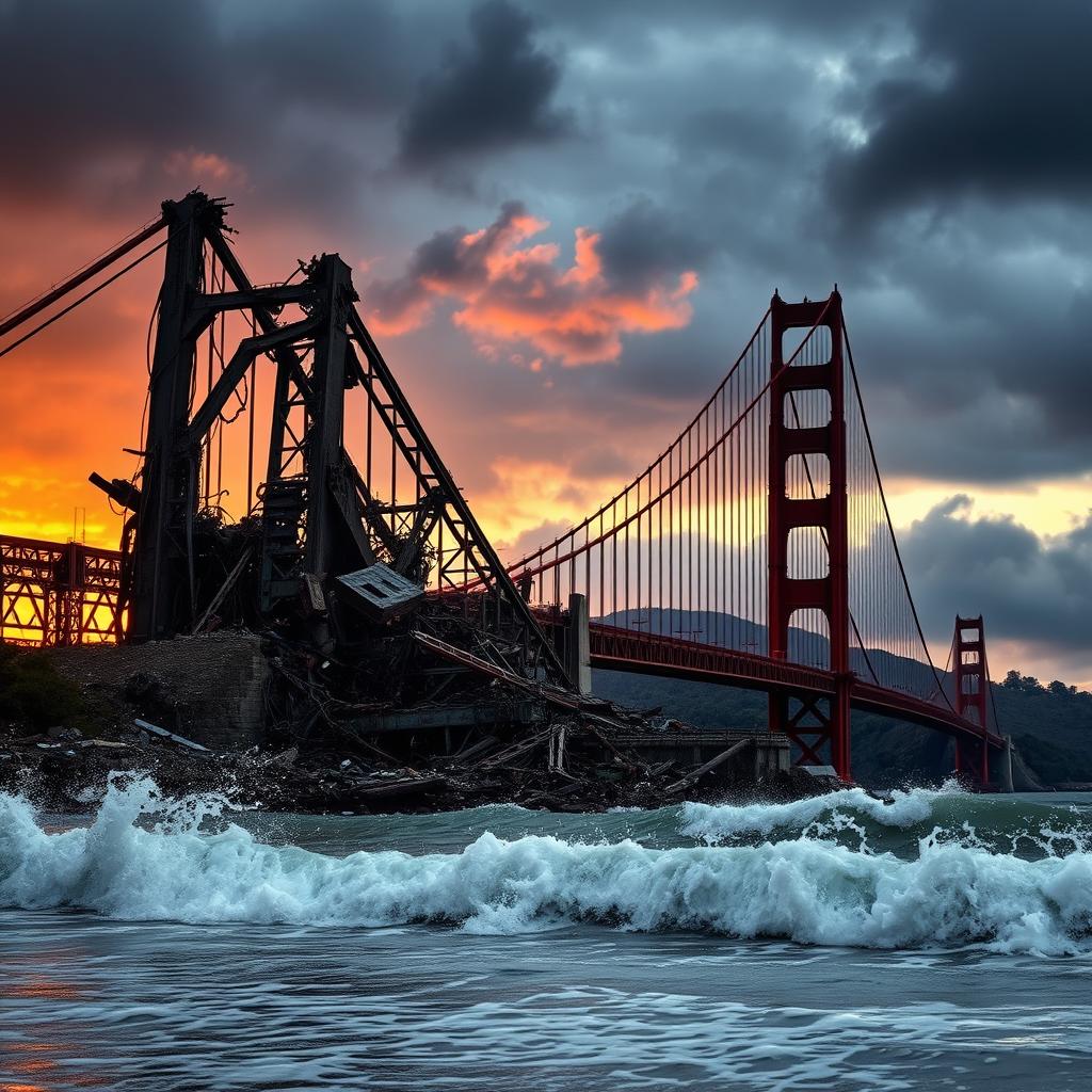 A dramatic scene depicting the iconic Golden Gate Bridge in ruins, partially collapsed with twisted metal and debris scattered around