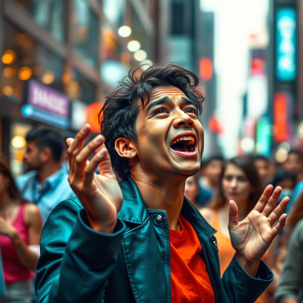 A visually striking scene featuring a person raising their voice in a dynamic setting, exuding confidence and charisma