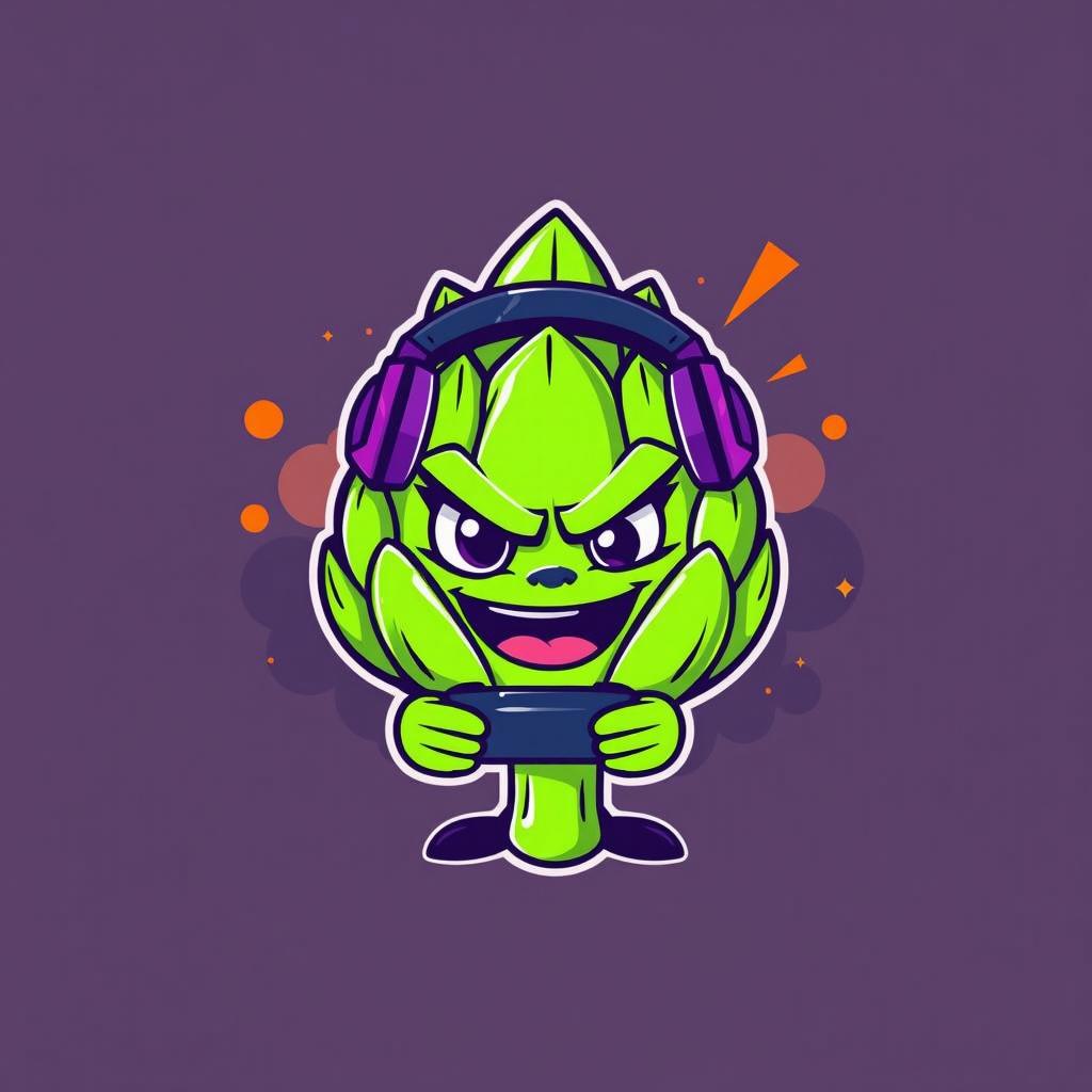 A vibrant and cool logo featuring a confident gamer artichoke character with a playful and modern design