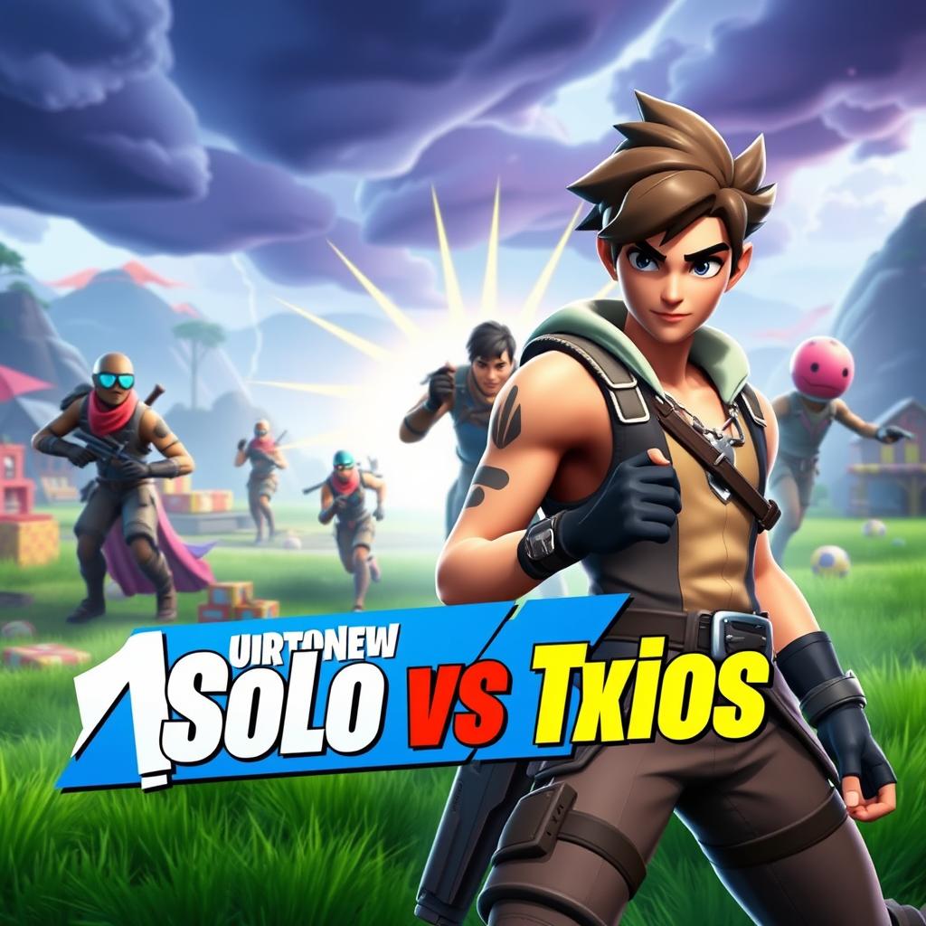 A vibrant and dynamic YouTube thumbnail for a Fortnite video, featuring a thrilling Solo vs Trios battle scene