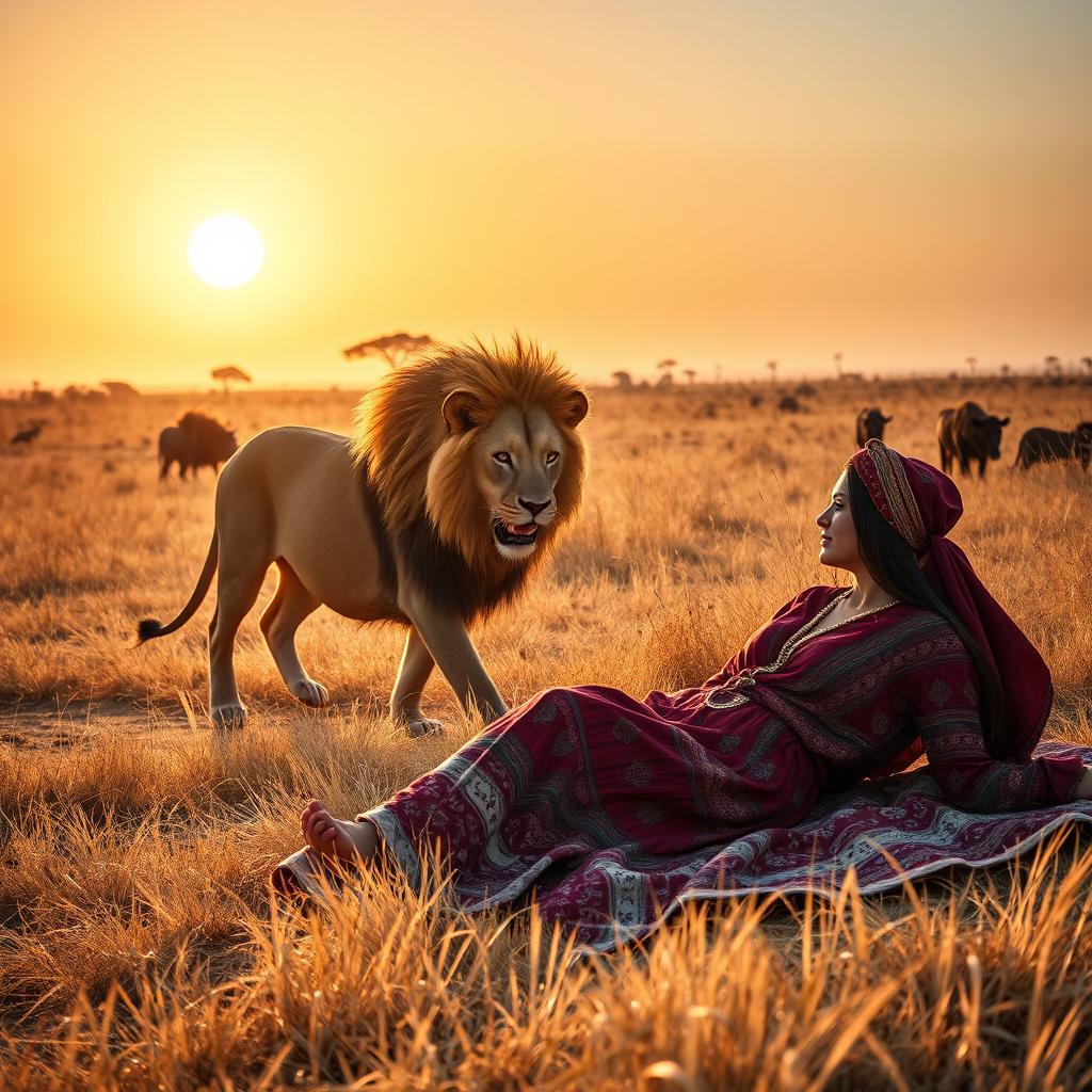 A majestic lion prowling through a sunlit savanna landscape, showcasing its powerful build and vibrant mane, while nearby, a woman in traditional safari clothing is lying gracefully on a blanket, surrounded by the natural beauty of the African wilderness