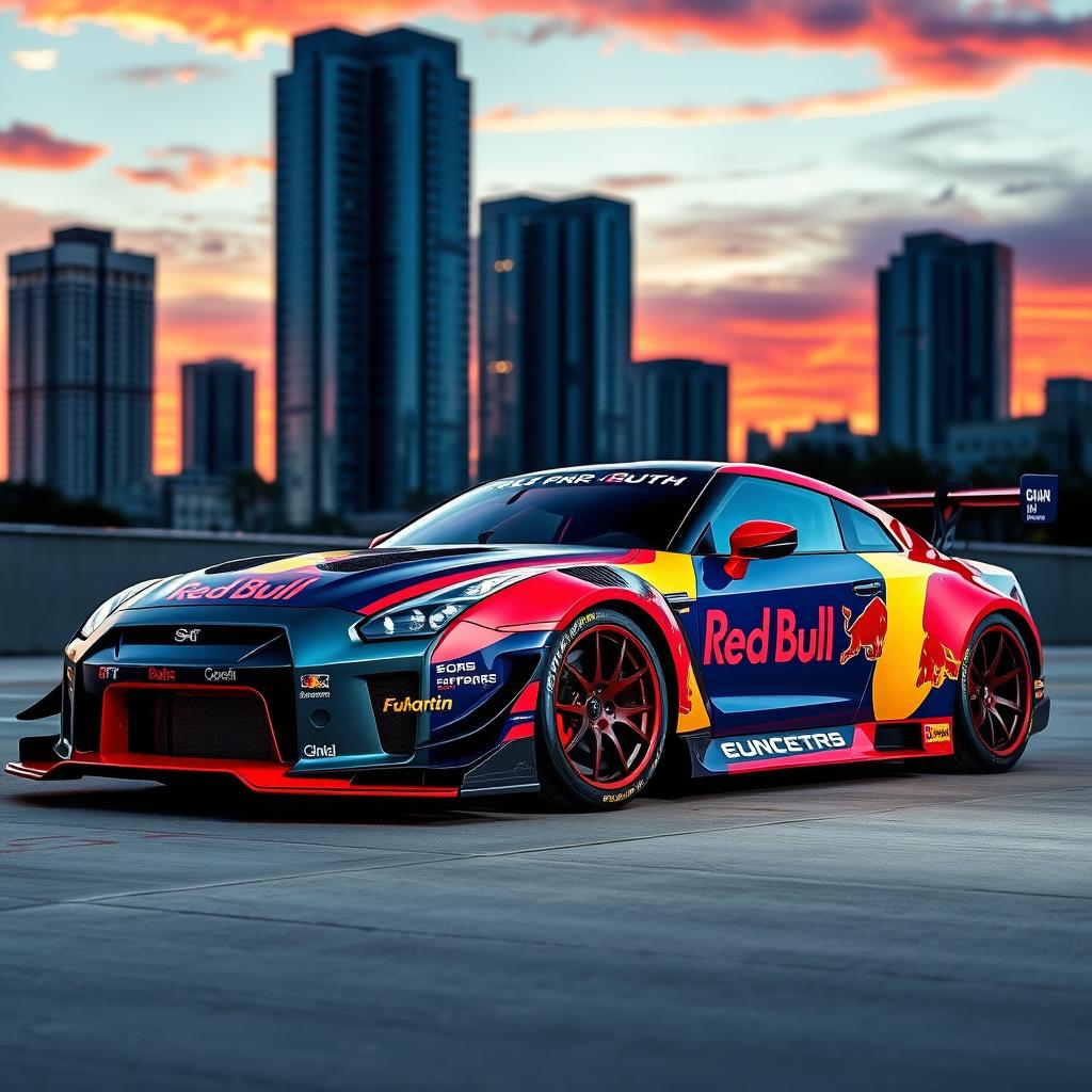 A sleek and aggressive sports car featuring a Red Bull themed body kit, adorned with bold colors and dynamic graphics