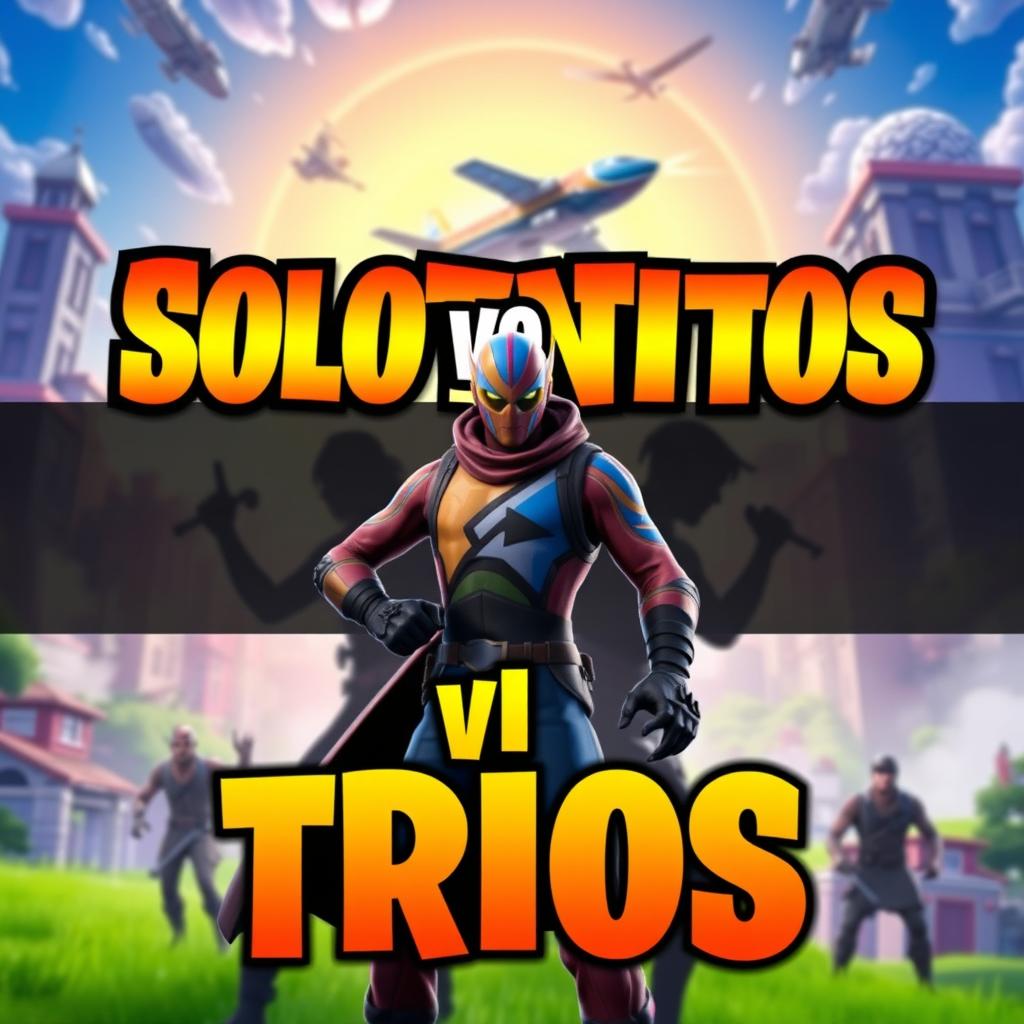 A vibrant YouTube thumbnail for a Fortnite video titled 'Solo vs Trios', featuring an epic action scene