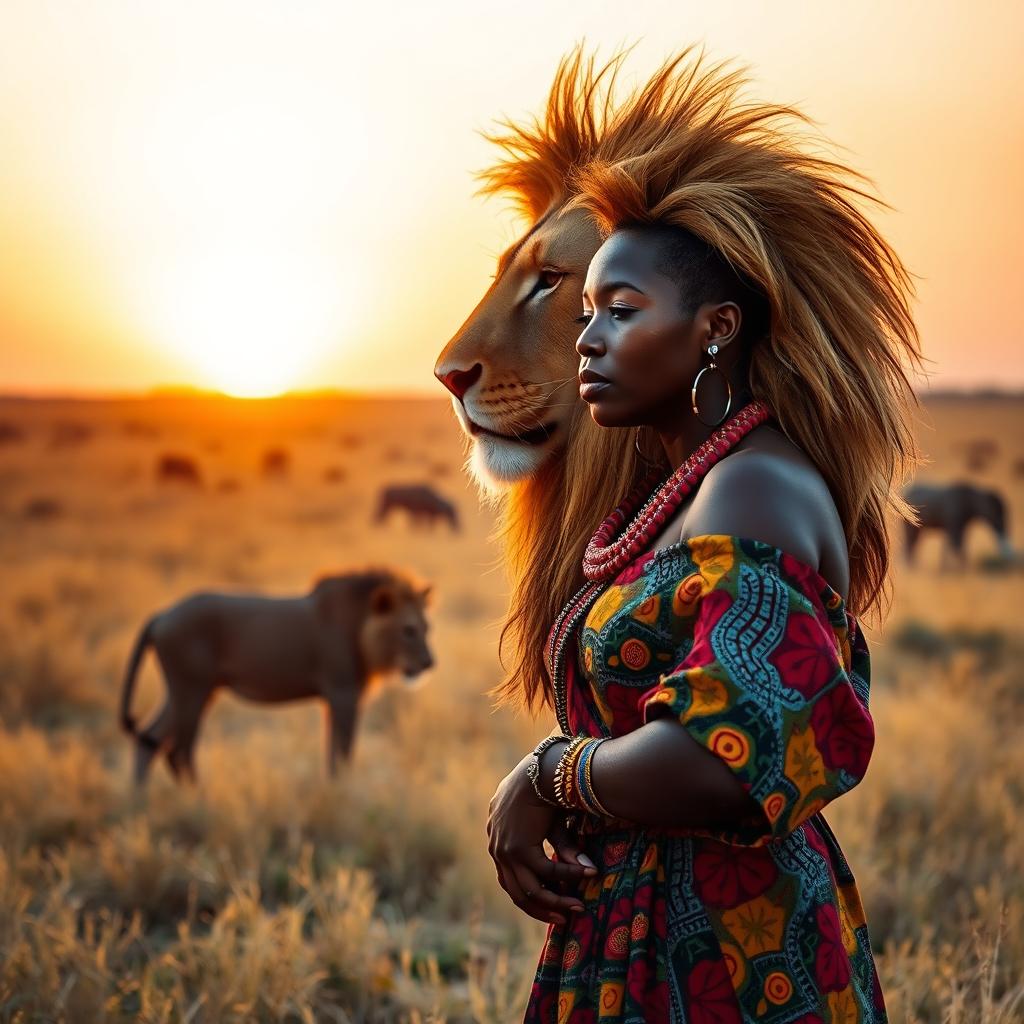 A majestic lion in the African savanna, displaying its powerful presence with a beautifully detailed mane