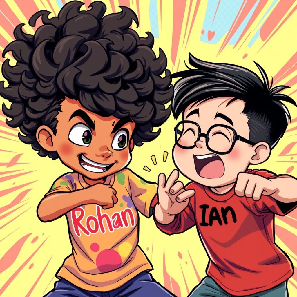 A dynamic scene depicting a really curly-haired Indian boy named Rohan, wearing a vibrant shirt with the word 'Rohan' printed on it