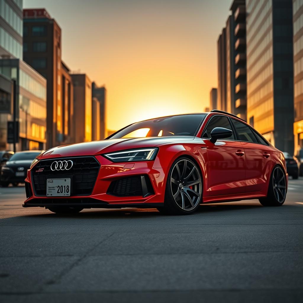 An Audi car, specifically from the year 2018, modified with an aggressive lowered stance and equipped with bold, striking deep-dish wheels