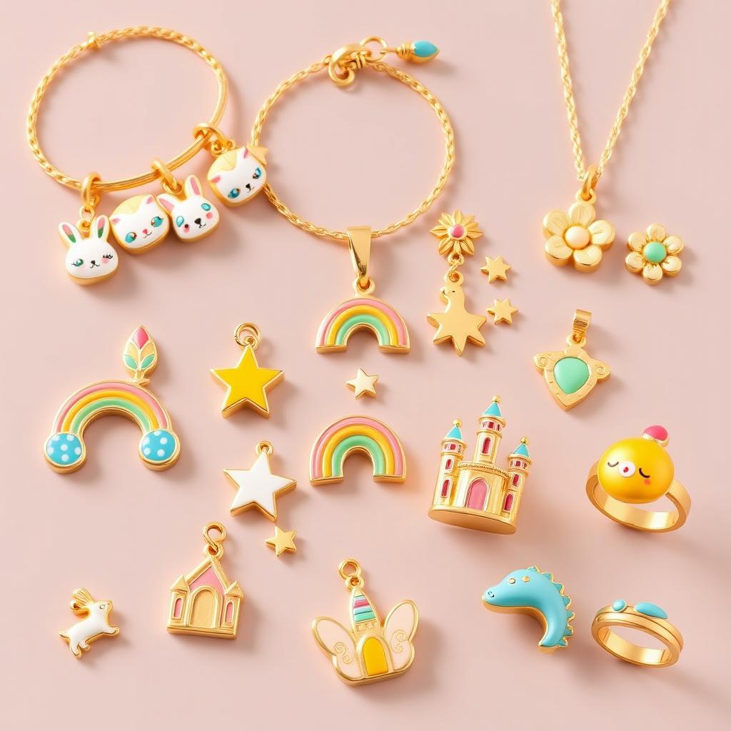 A creative array of children's gold jewelry featuring stunning enamel designs, emphasizing playful and imaginative themes