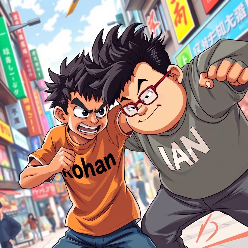 An epic anime style scene featuring a really curly-haired Indian boy wearing a shirt with the word 'Rohan' boldly displayed on it