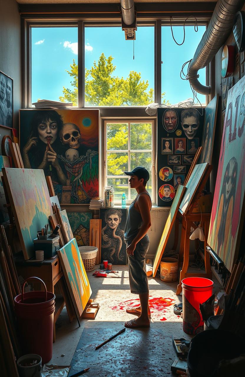 The striking contrast of a small town Canadian artist's life, showcasing a vibrant studio filled with colorful canvases and tools