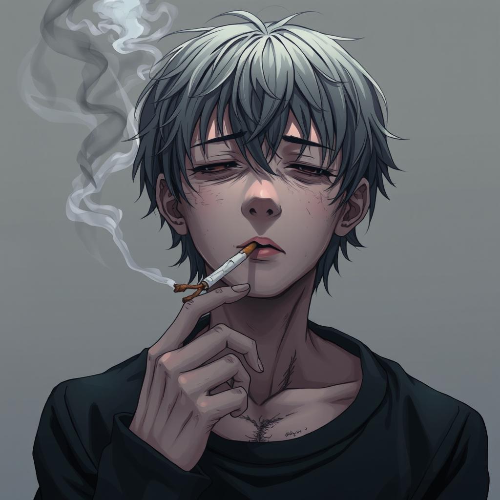 A realistic anime style illustration depicting a person smoking a cigarette, surrounded by visual metaphors of the consequences of smoking