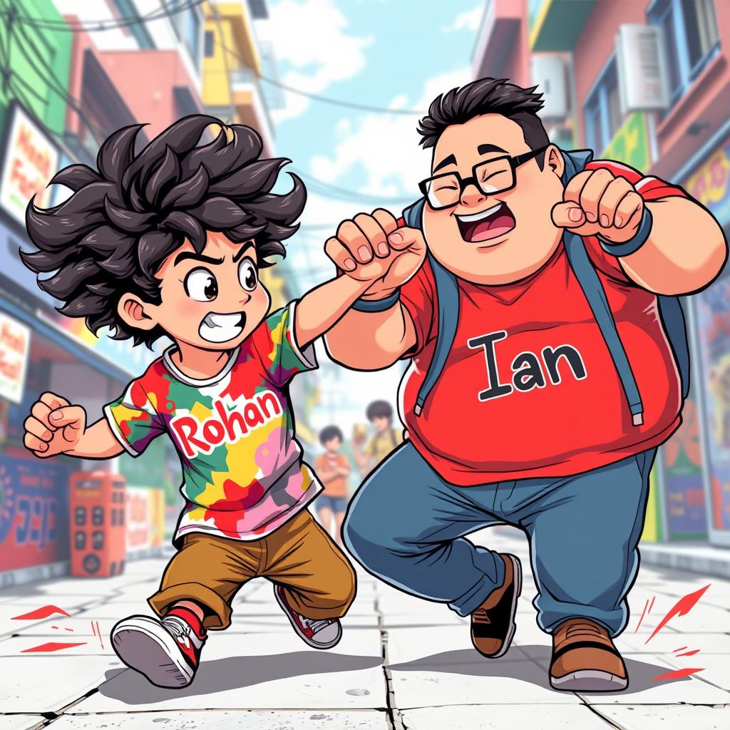 A dynamic scene of a really curly-haired Indian boy named Rohan wearing a colorful shirt with the word 'Rohan' on it, energetically engaging in a friendly fight against his very fat Chinese rival named Ian, who is wearing glasses and a shirt displaying the word 'Ian'
