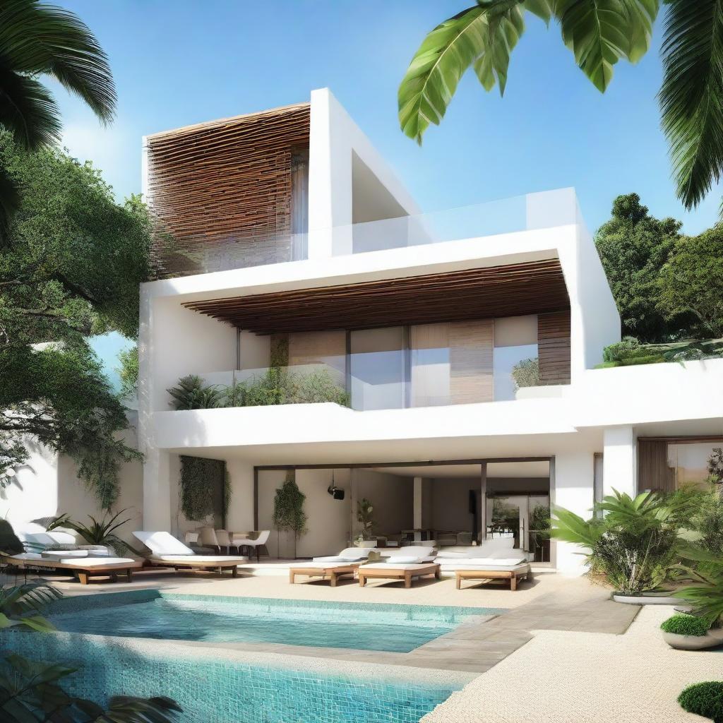 A beach view villa with terracing contours, two floors with 60m2 each, on a land area of 100m2. Both floors have a living room, bedroom, and bathroom. The second floor contains a pool, a carport, and a balcony. A soothing spot for relaxation on the rooftop.